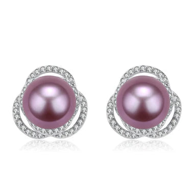 Rose Floral Pearl Earrings - White/ Purple Pearl